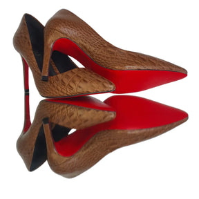 Scarpin Couro Legítimo Caramelo Croco Salto Alto 10cm Sola Vermelha