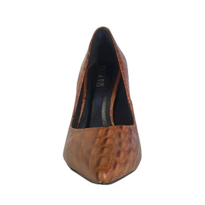 Scarpin Couro Legítimo Caramelo Croco Salto Alto 12cm Sola Vermelha