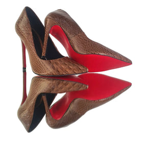 Scarpin Couro Legítimo Caramelo Croco Salto Alto 12cm Sola Vermelha