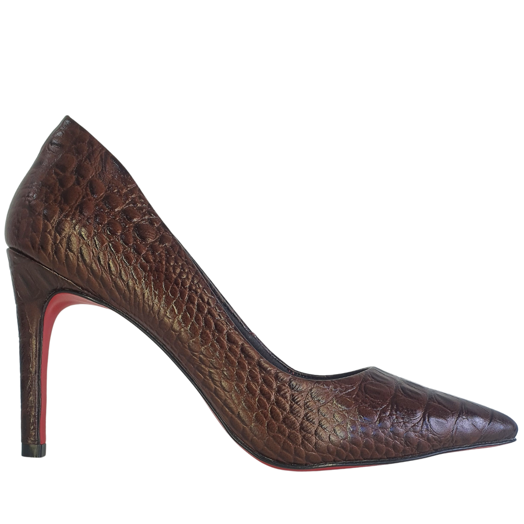 Scarpin Couro Legítimo Croco Marrom Escuro Salto Alto 10cm Sola Vermelha