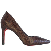 Scarpin Couro Legítimo Croco Marrom Escuro Salto Alto 10cm Sola Vermelha