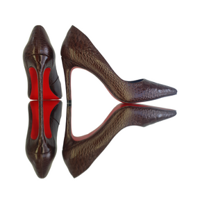 Scarpin Couro Legítimo Croco Marrom Escuro Salto Alto 10cm Sola Vermelha
