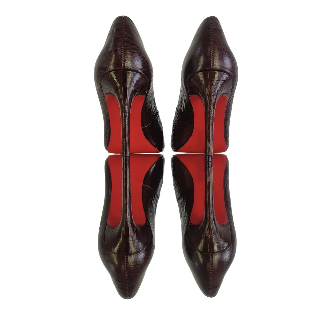 Scarpin Couro Legítimo Marrom Escuro Croco Salto Alto 10cm Sola Vermelha