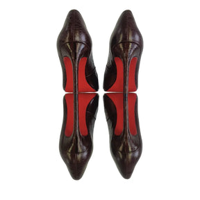 Scarpin Couro Legítimo Marrom Escuro Croco Salto Alto 10cm Sola Vermelha