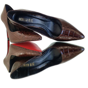 Scarpin Couro Legítimo Marrom Escuro Croco Salto Alto 10cm Sola Vermelha
