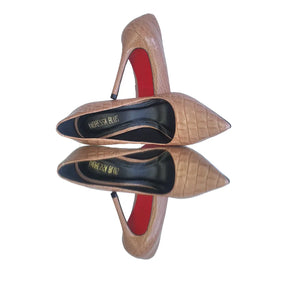 Scarpin Couro Legítimo Croco Nude Salto Alto 12cm Sola Vermelha