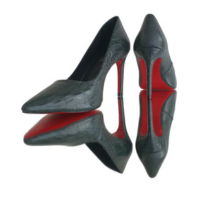 Scarpin Couro Legítimo Verde Croco Salto Alto 10cm Sola Vermelha
