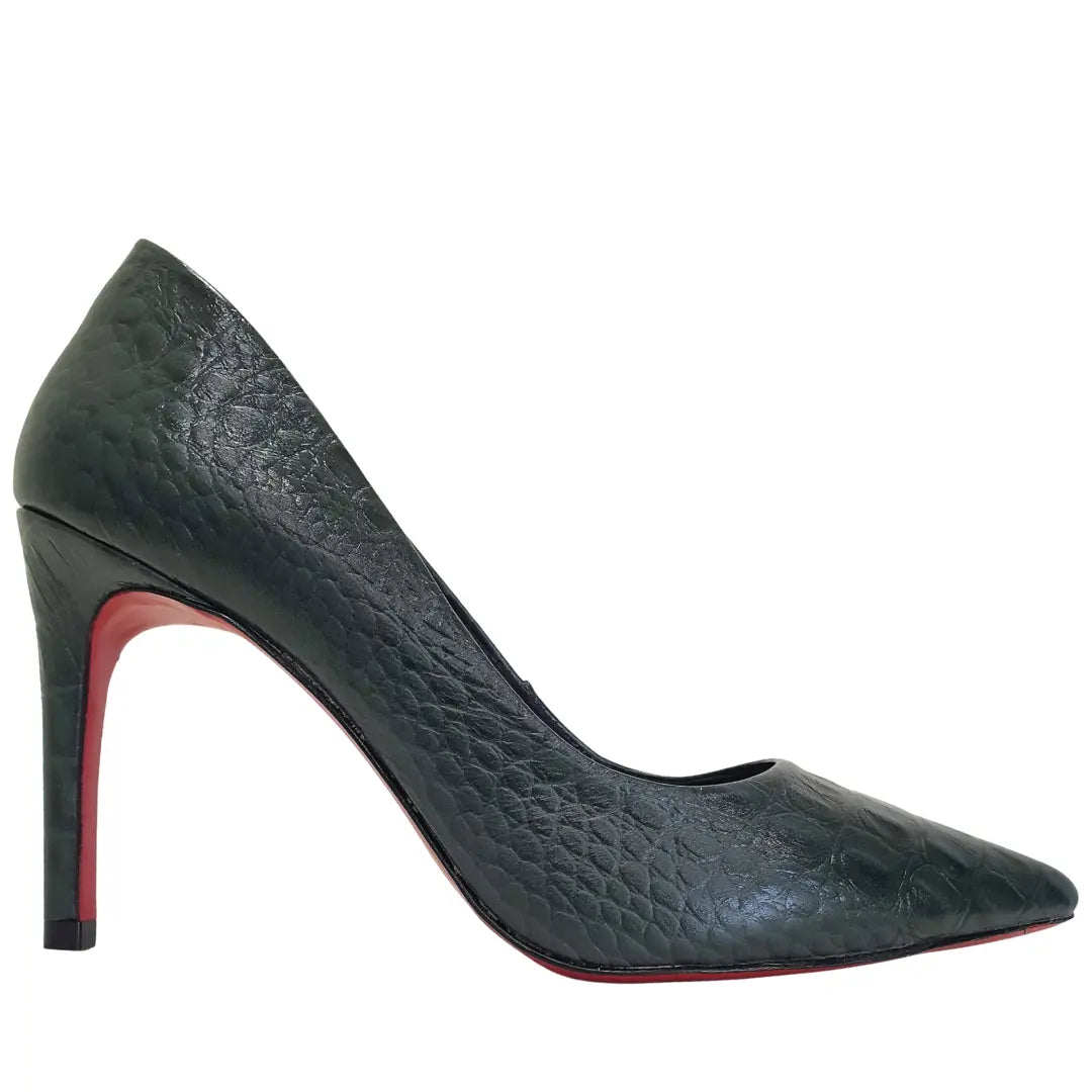 Scarpin Couro Legítimo Verde Croco Salto Alto 10cm Sola Vermelha