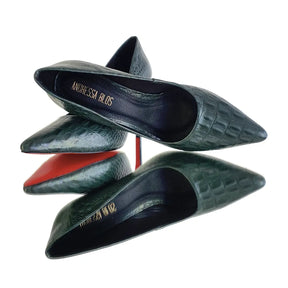 Scarpin Couro Legítimo Verde Croco Salto Alto 10cm Sola Vermelha
