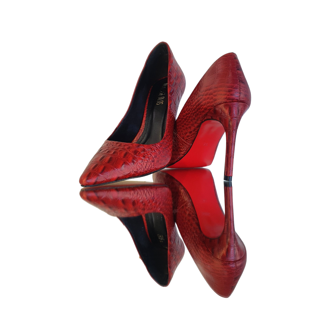 Scarpin Couro Legítimo Vermelho Croco Salto Alto 10cm Sola Vermelha