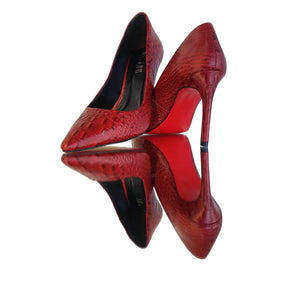 Scarpin Couro Legítimo Vermelho Croco Salto Alto 10cm Sola Vermelha