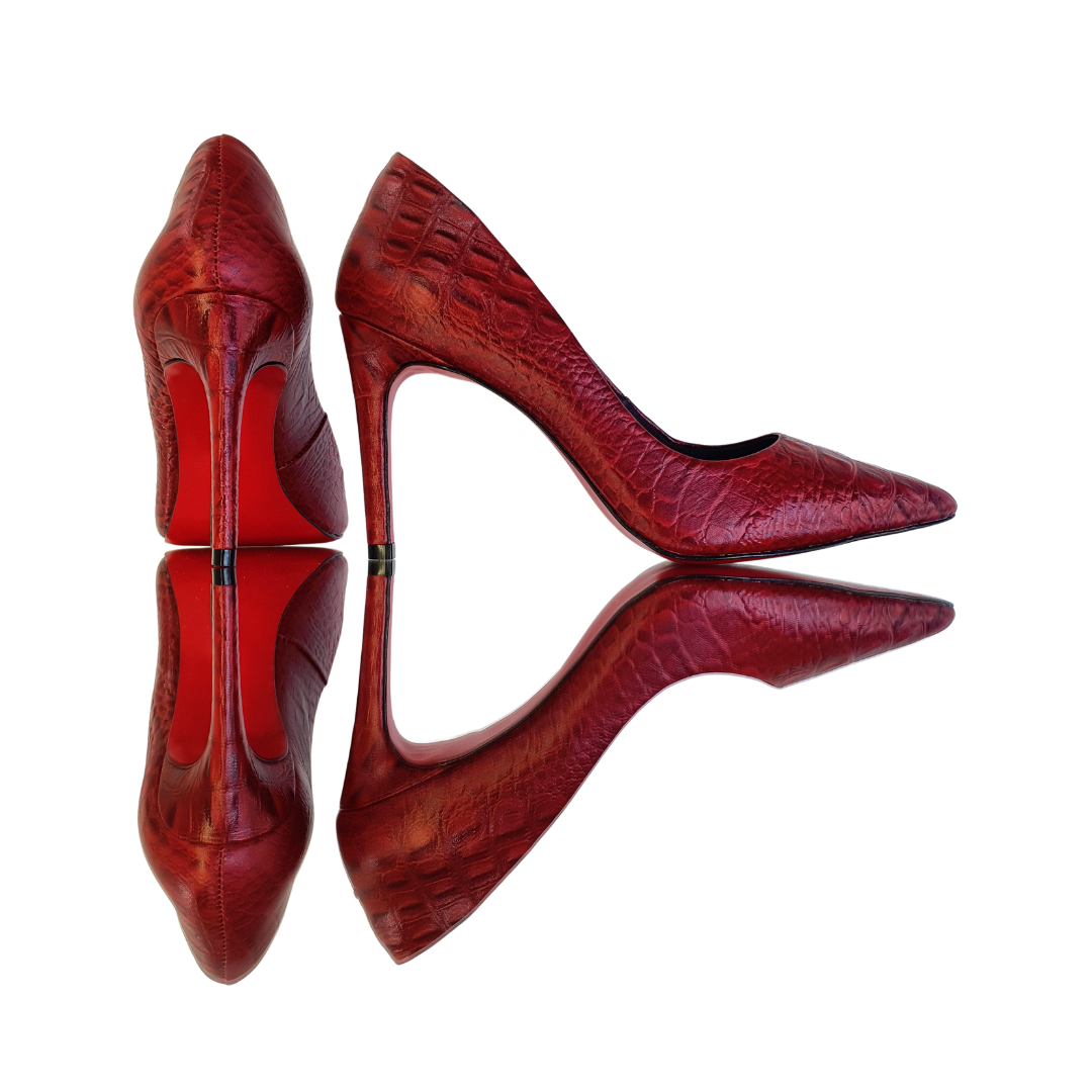 Scarpin Couro Legítimo Vermelho Croco Salto Alto 10cm Sola Vermelha