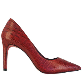 Scarpin Couro Legítimo Vermelho Croco Salto Alto 10cm Sola Vermelha
