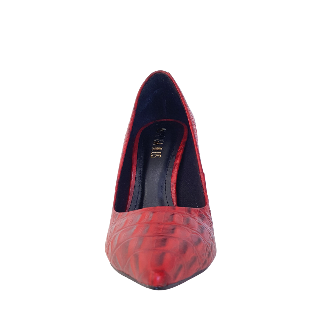 Scarpin Couro Legítimo Vermelho Croco Salto Alto 10cm Sola Vermelha