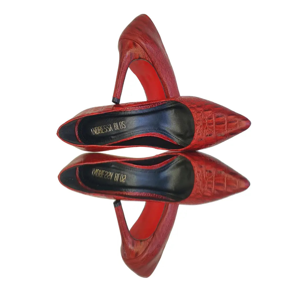 Scarpin Couro Legítimo Vermelho Croco Salto Alto 10cm Sola Vermelha