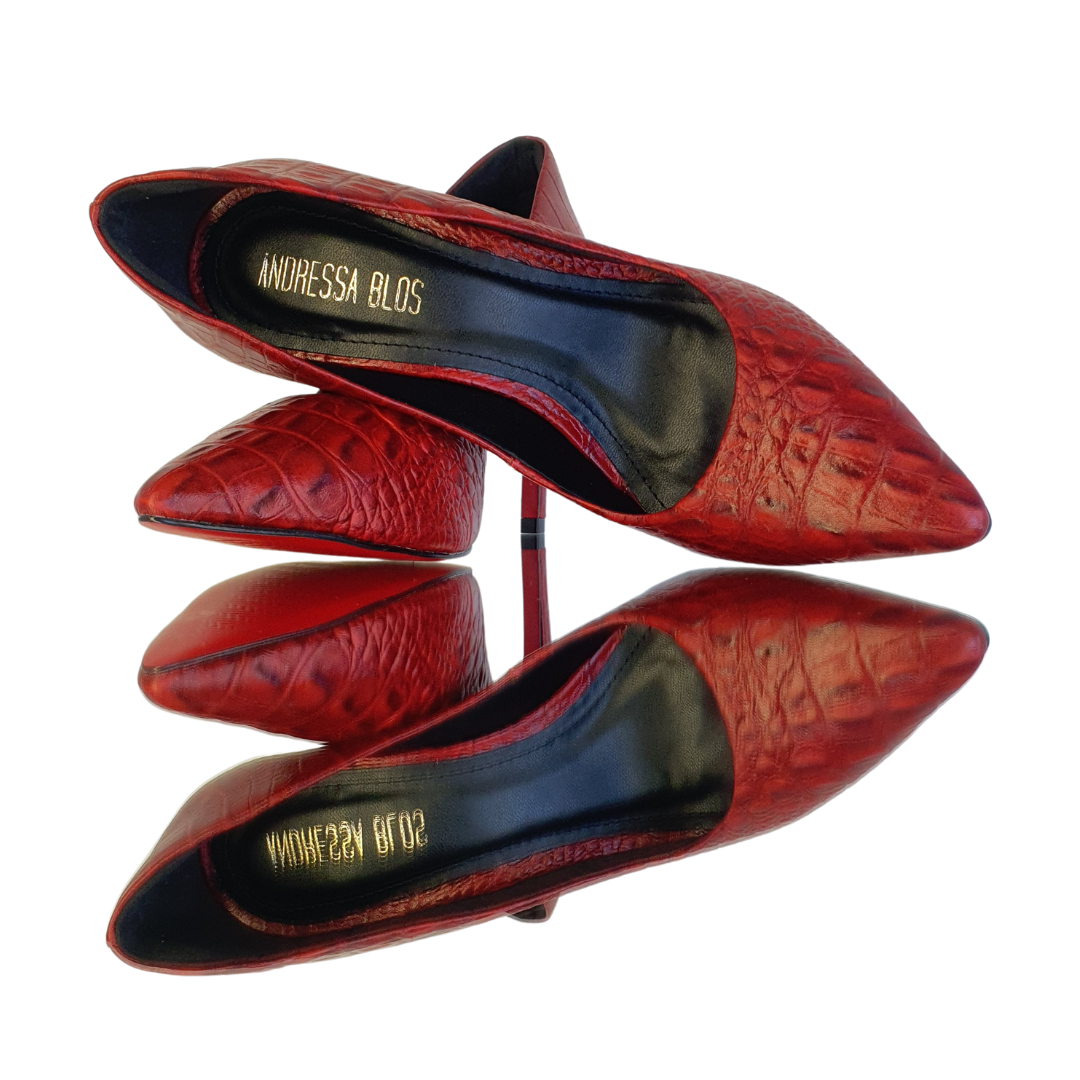 Scarpin Couro Legítimo Vermelho Croco Salto Alto 10cm Sola Vermelha