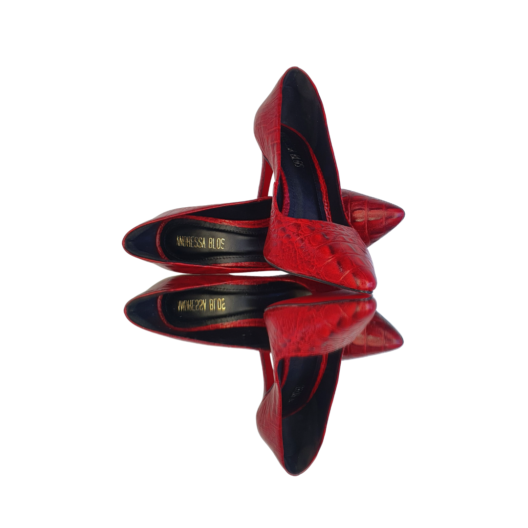 Scarpin Couro Legítimo Vermelho Croco Salto Alto 10cm Sola Vermelha
