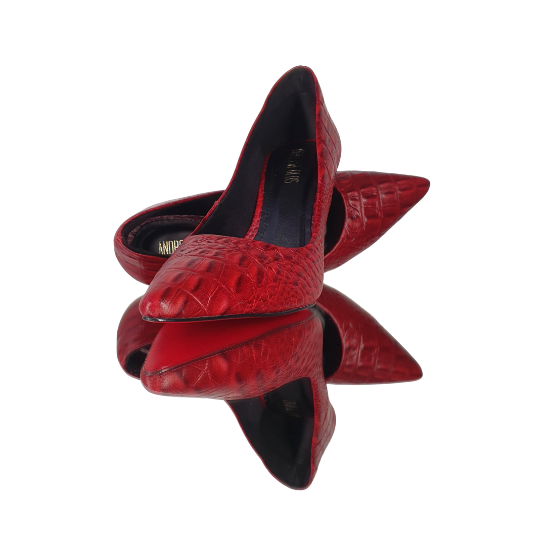 Scarpin Couro Legítimo Vermelho Croco Salto Alto 10cm Sola Vermelha