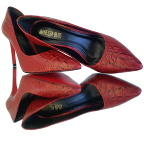 Scarpin Couro Legítimo Vermelho Croco Salto Alto 10cm Sola Vermelha