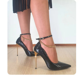 Scarpin Couro Legítimo Preto Croco Salto Alto Dourado 12cm Sola Preta