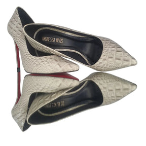 Scarpin Couro Legítimo Off White Croco Salto Alto 12cm Sola Vermelha