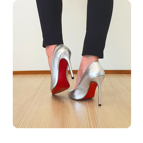 Scarpin Couro Legítimo Prata Metalizado Salto Alto 12cm Sola Vermelha