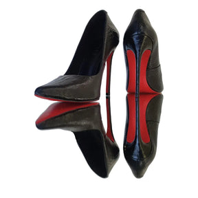 Scarpin Couro Legítimo Preto Croco Salto Alto 12cm Sola Vermelha