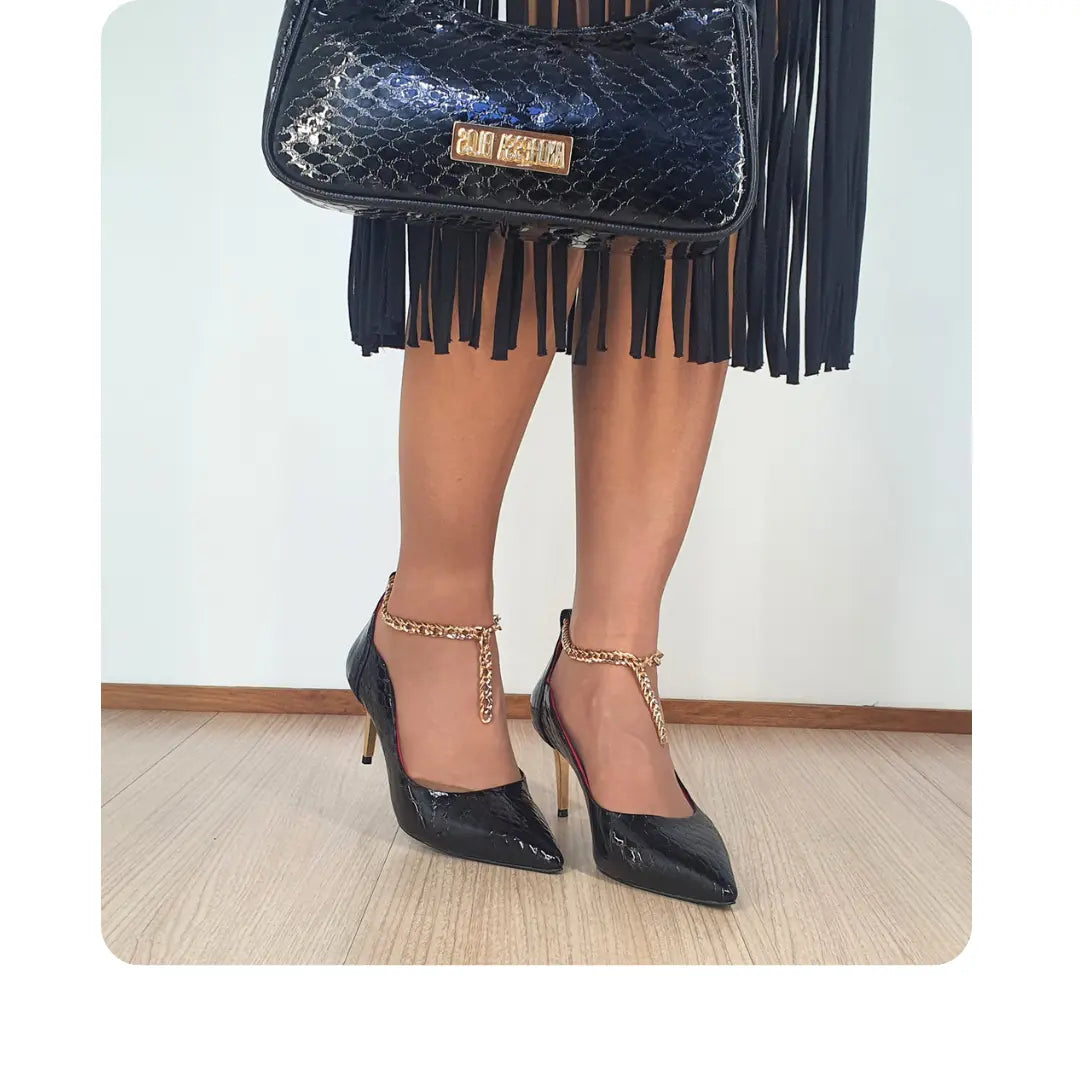 Scarpin Couro Legítimo Preto Croco Salto Alto Dourado 8cm Sola Preta