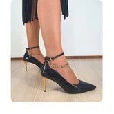 Scarpin Couro Legítimo Preto Croco Salto Alto Dourado 8cm Sola Preta