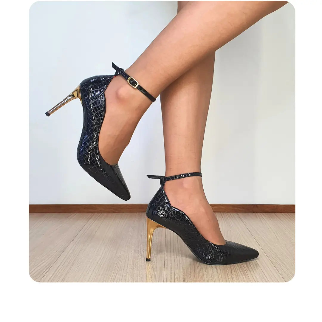 Scarpin Couro Legítimo Preto Croco Verniz Salto Alto Dourado 10cm Sola Preta