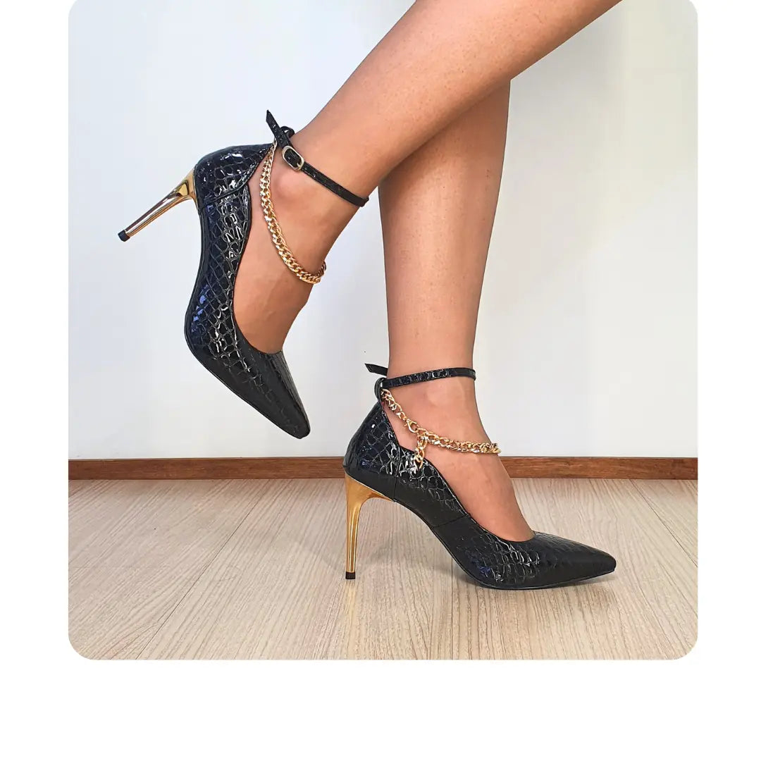 Scarpin Couro Legítimo Preto Croco Verniz Salto Alto Dourado 10cm Sola Preta