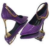 Scarpin Couro Legítimo Roxo Croco Verniz Salto Dourado Sola Preta