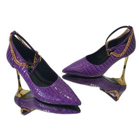 Scarpin Couro Legítimo Roxo Croco Verniz Salto Dourado Sola Preta