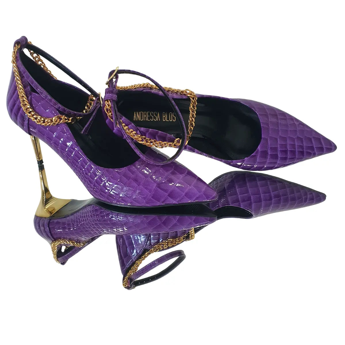 Scarpin Couro Legítimo Roxo Croco Verniz Salto Dourado Sola Preta