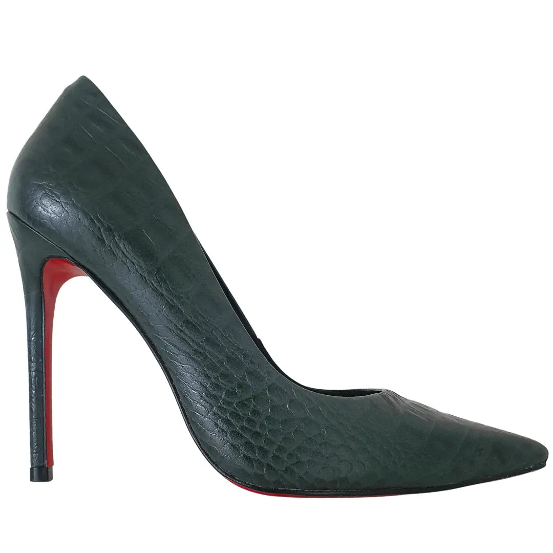 Scarpin Couro Legítimo Verde Croco Salto Alto 12cm Sola Vermelha