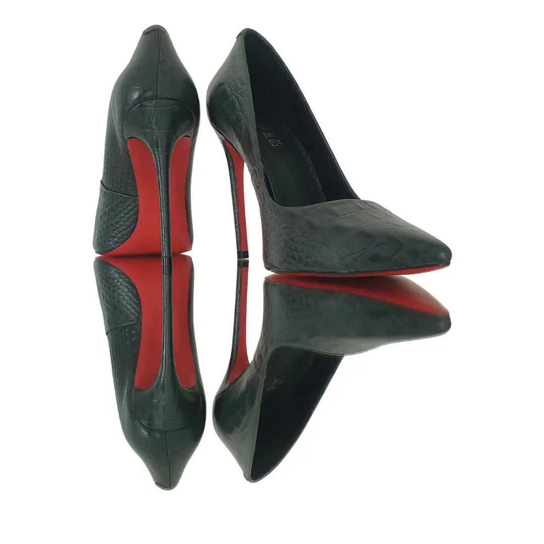 Scarpin Couro Legítimo Verde Croco Salto Alto 12cm Sola Vermelha