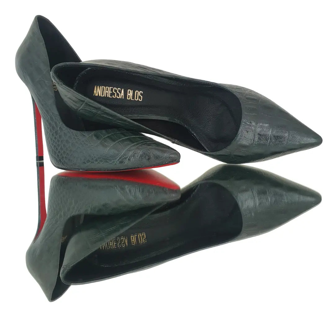 Scarpin Couro Legítimo Verde Croco Salto Alto 12cm Sola Vermelha