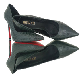Scarpin Couro Legítimo Verde Croco Salto Alto 12cm Sola Vermelha