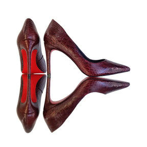Scarpin Couro Legítimo Vinho Croco Salto Alto 10cm Sola Vermelha