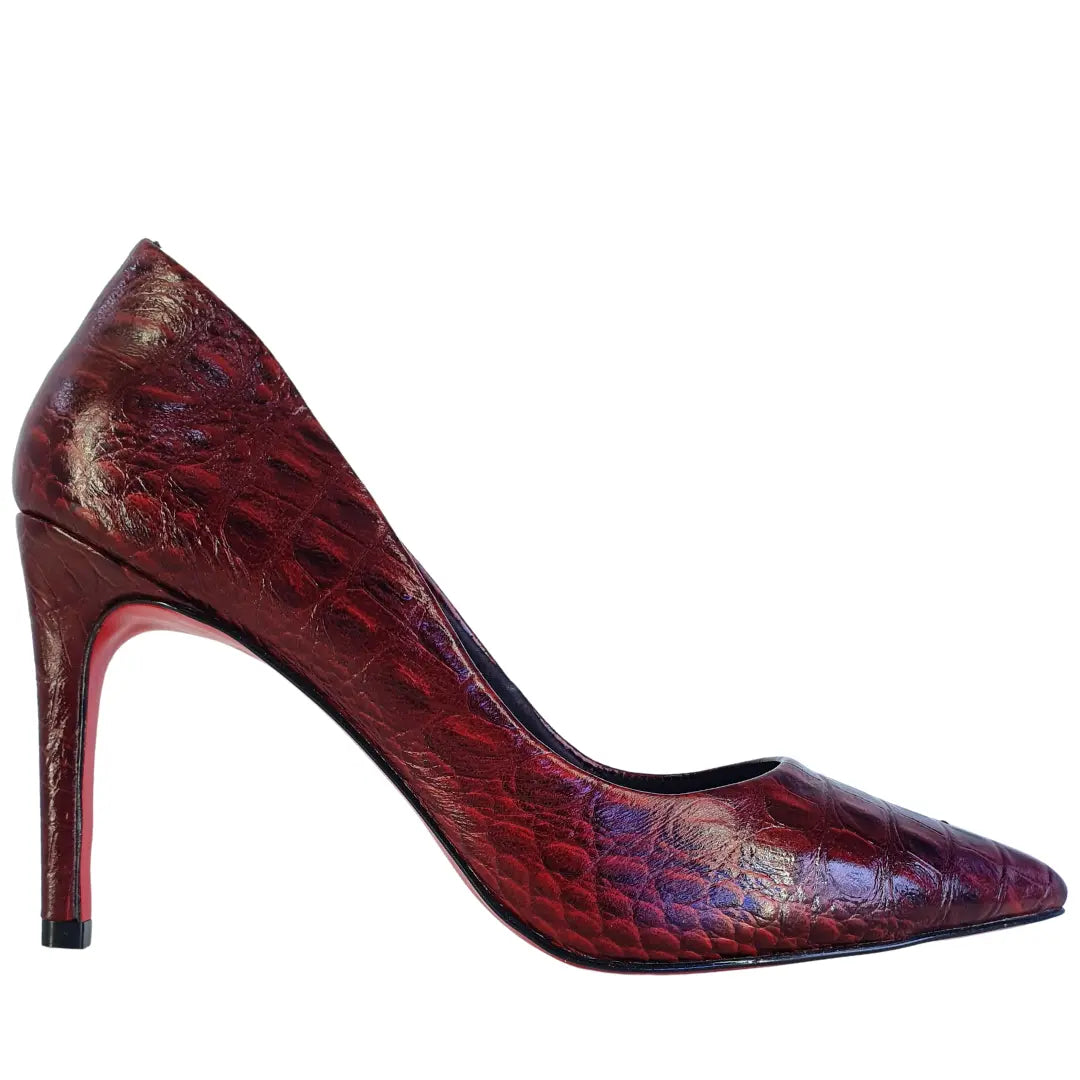 Scarpin Couro Legítimo Vinho Croco Salto Alto 10cm Sola Vermelha
