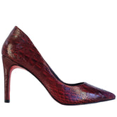 Scarpin Couro Legítimo Vinho Croco Salto Alto 10cm Sola Vermelha
