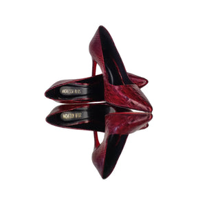 Scarpin Couro Legítimo Vinho Croco Salto Alto 10cm Sola Vermelha