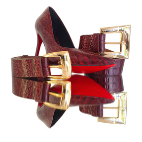 Scarpin Couro Legítimo Vinho Croco Salto Alto 12cm Sola Vermelha