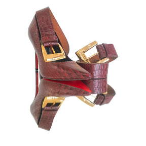 Scarpin Couro Legítimo Vinho Croco Salto Alto 12cm Sola Vermelha