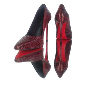 Scarpin Couro Legítimo Vinho Croco Salto Alto 12cm Sola Vermelha