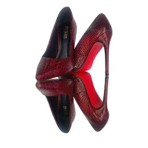 Scarpin Couro Legítimo Vinho Croco Salto Alto 12cm Sola Vermelha