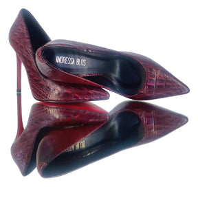 Scarpin Couro Legítimo Vinho Croco Salto Alto 12cm Sola Vermelha