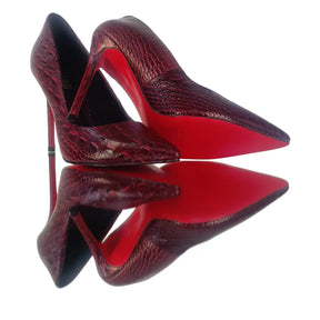 Scarpin Couro Legítimo Vinho Croco Salto Alto 12cm Sola Vermelha