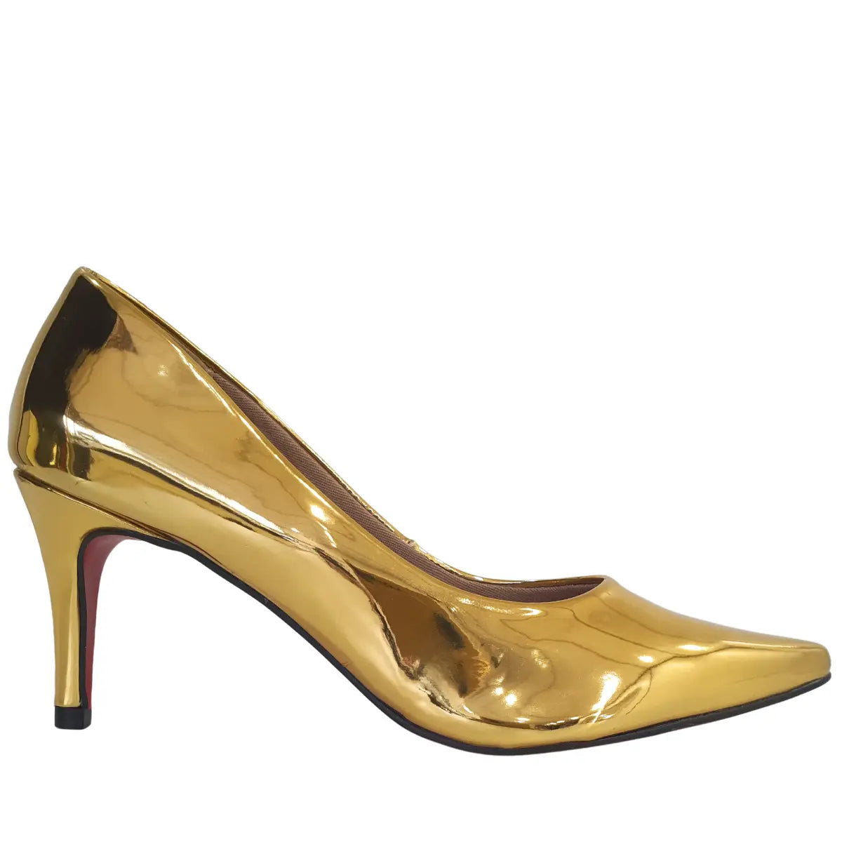 Scarpin Dourado Espelhado Salto Médio 8cm Sola Vermelha