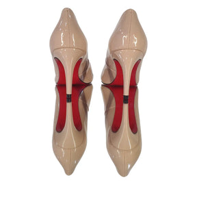 Scarpin Nude Verniz Salto Médio 8cm Sola Vermelha